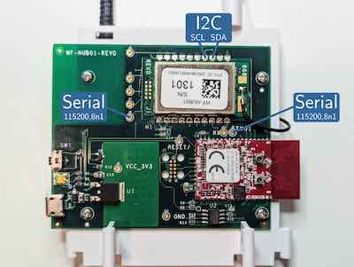 Photo of the weatherflow hub pcb with I2C and serial connections labeled